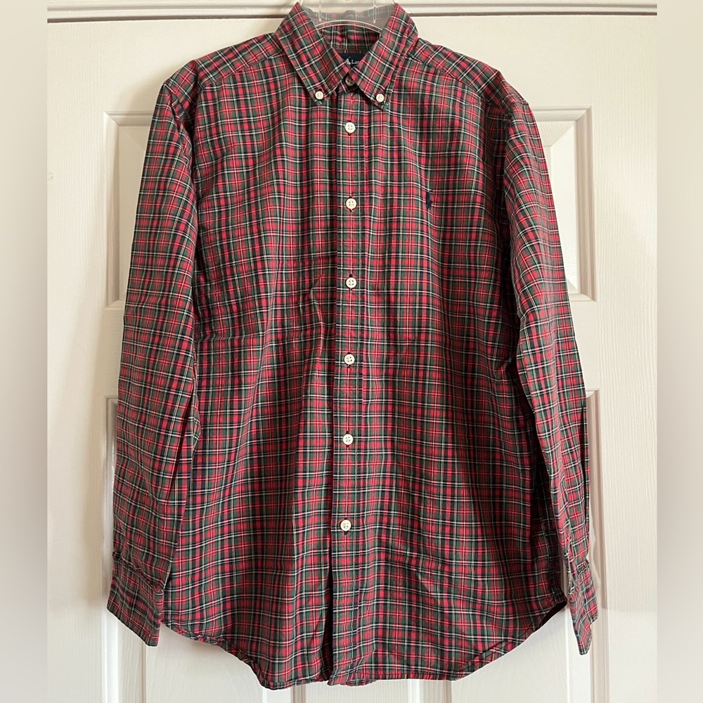 RALPH LAUREN red green plaid shirt L 14 16